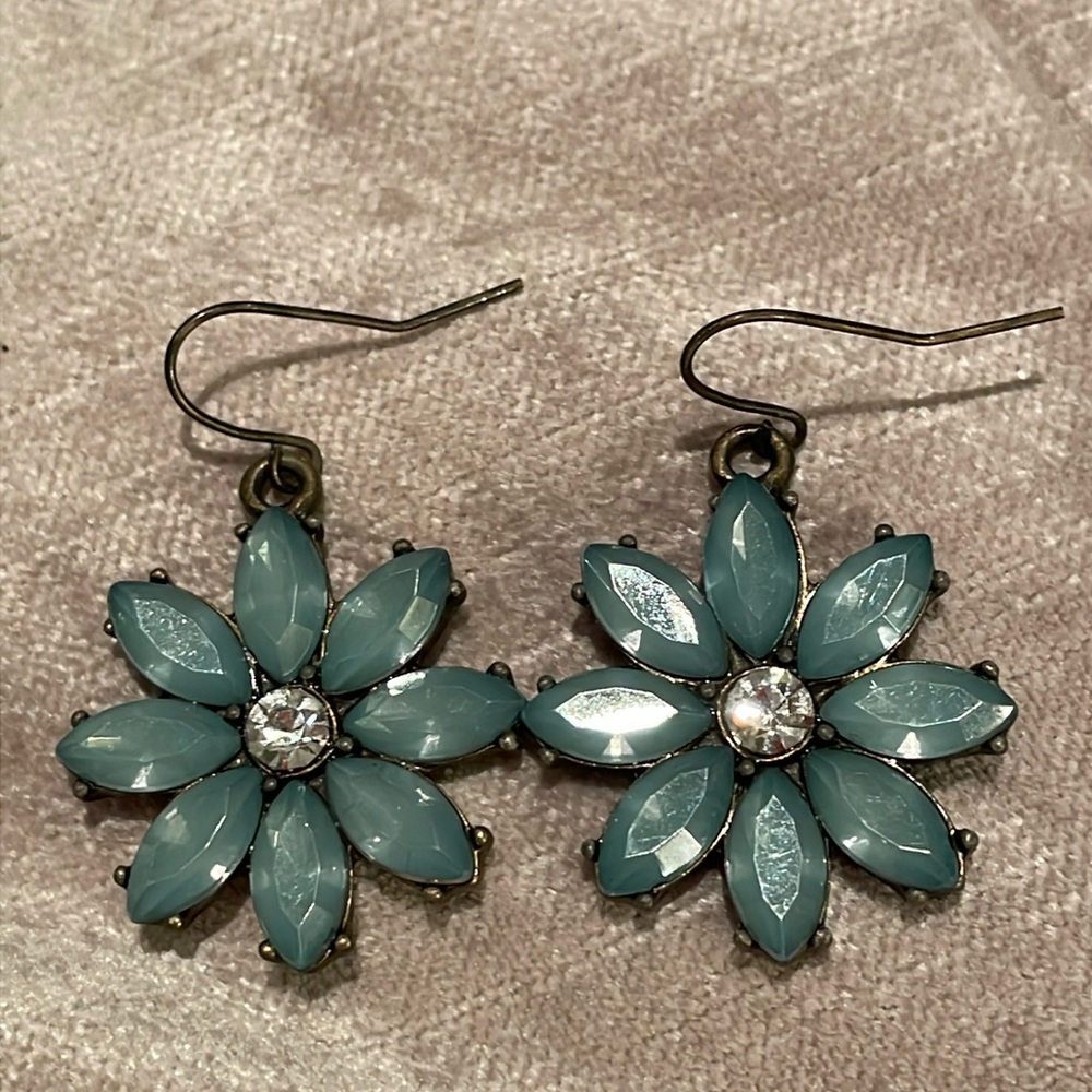 Teal Flower Earrings rhinestone center French hooks